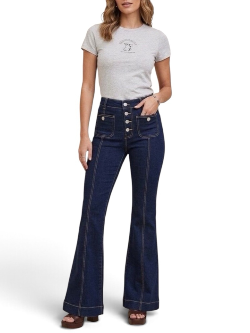 Flare Leg Jeans High Waist Womens Small / 26 Button Front Retro Boho Western EUC